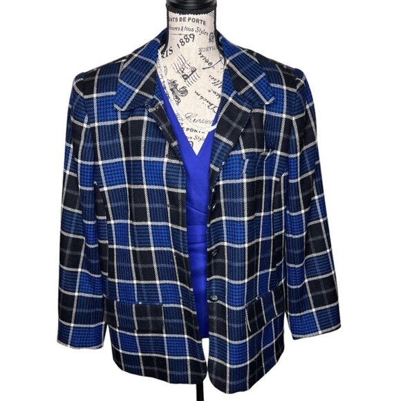 Y2K Rena Rowan Wool Tartan Plaid Button Blazer Size 18W Blue Black Shoulder Pads - Picture 3 of 16